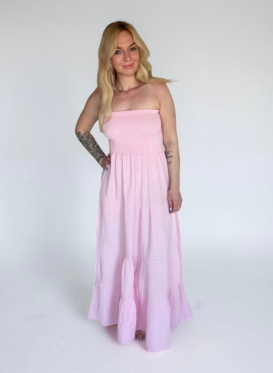 Trägerloses Musselin-Maxikleid „Basic Summer“ – Gesmoktes Bandeaukleid