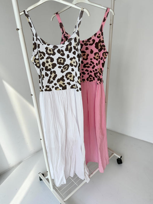 Maxikleid mit Leo-Print Oberteil und fließendem Rock – luftiges Sommerkleid mit Spaghettiträgern