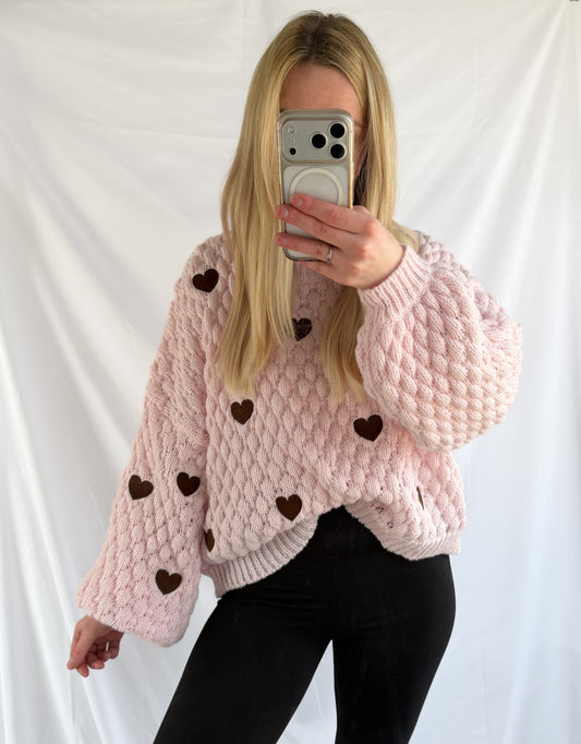 Damen Strickpullover mit Herzmuster und Puffärmeln, feinraummode, rosa Pullover mit Herzdesign und lockeren Ärmeln