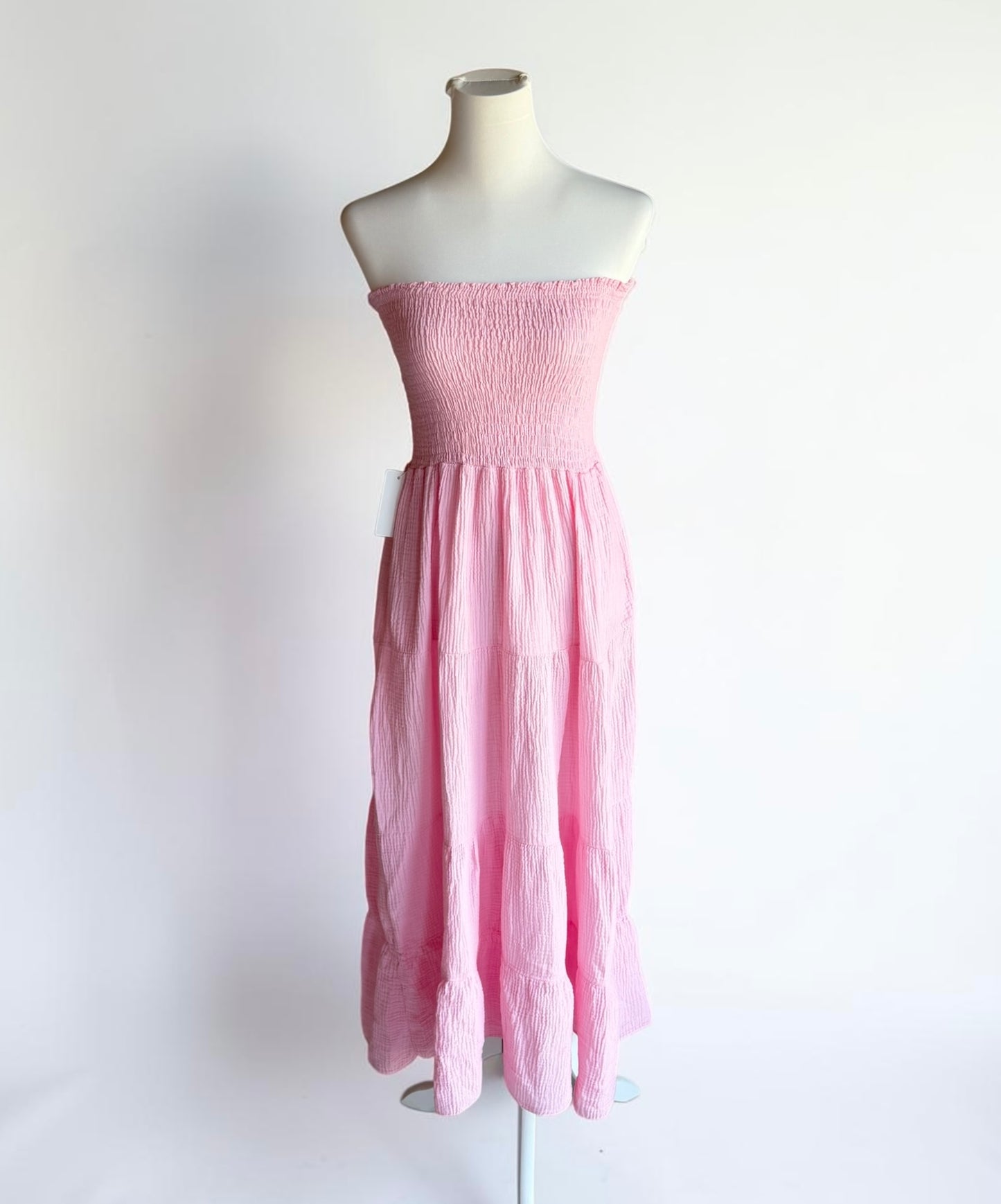 Trägerloses Musselin-Maxikleid „Basic Summer“ – Gesmoktes Bandeaukleid