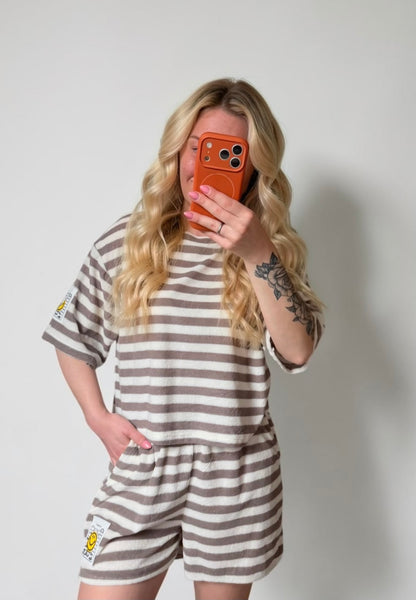 Gestreiftes Smiley Lounge-Set „Happy Stripes“ – Taupe & Weiß