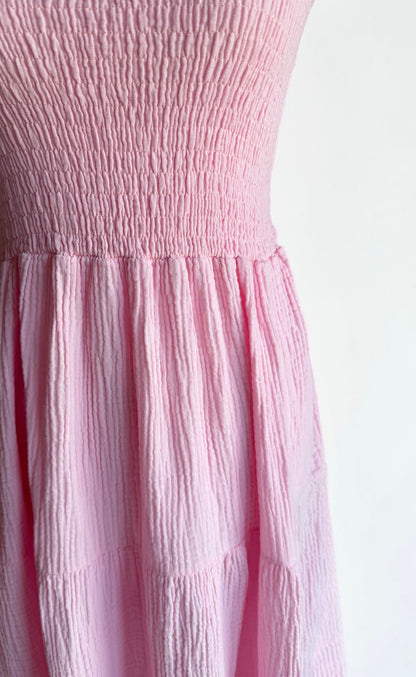 Trägerloses Musselin-Maxikleid „Basic Summer“ – Gesmoktes Bandeaukleid