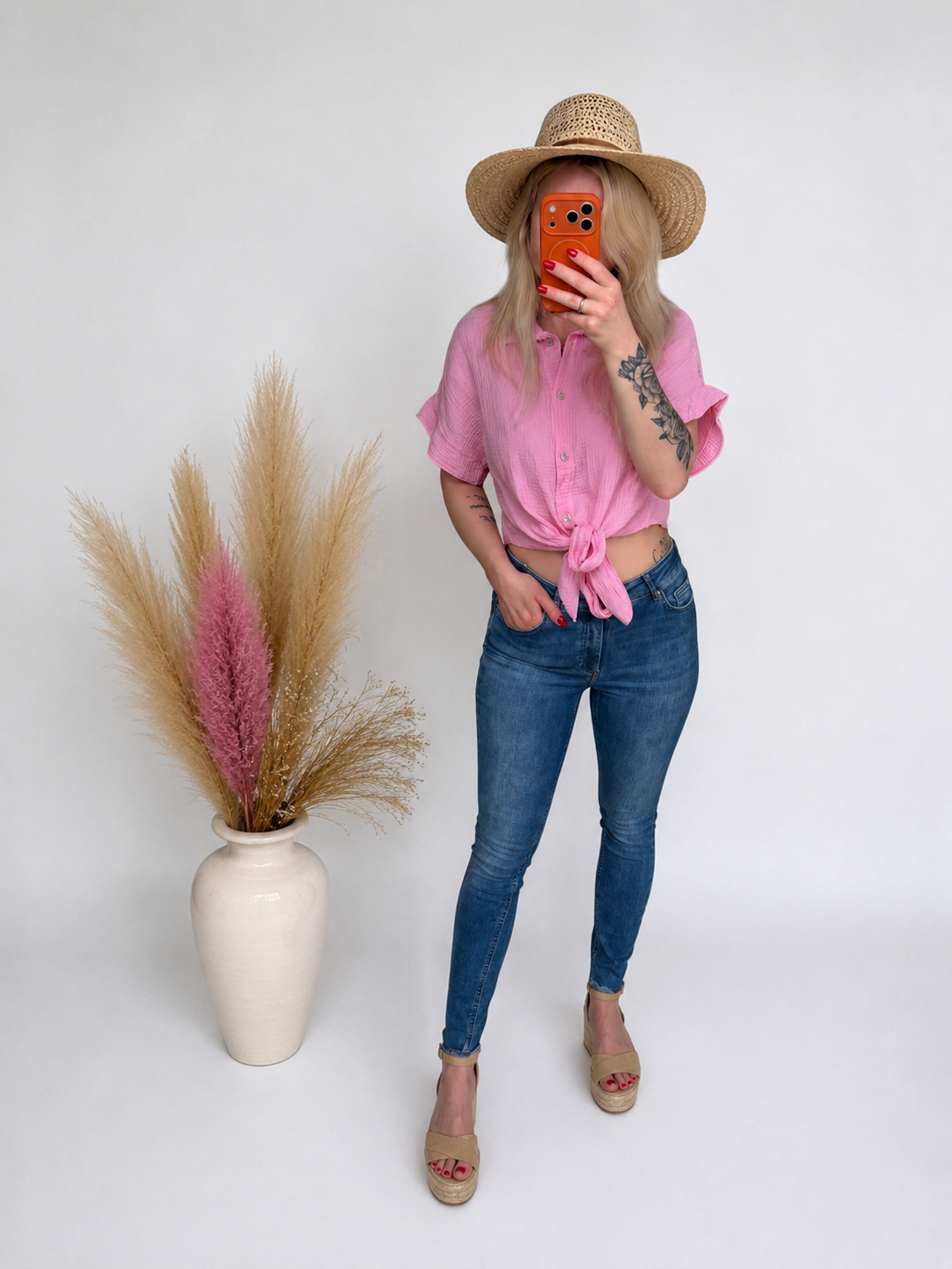 Kurzarm Musselin-Bluse „Cozy Knot“ aus 100% Baumwolle – Rosa