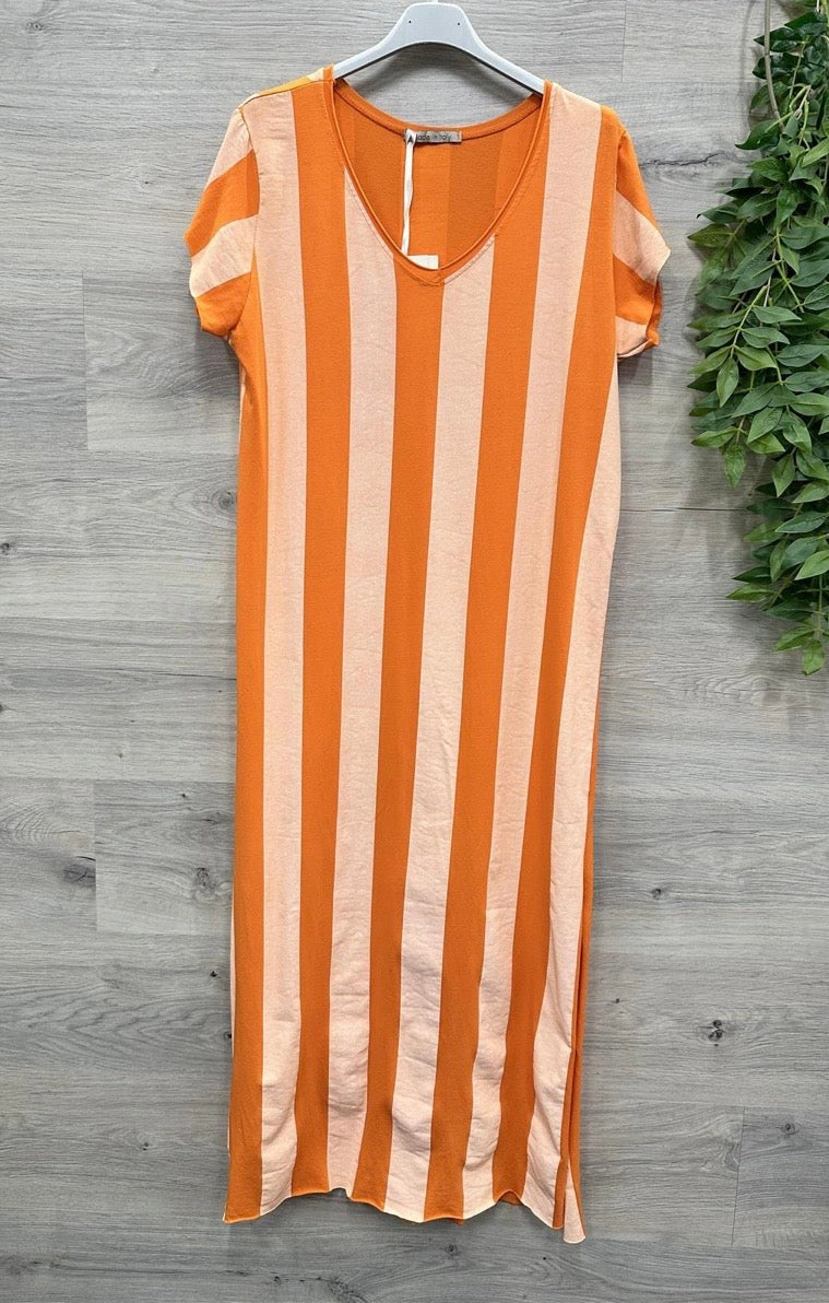 Luftiges Maxikleid mit Blockstreifen in Orange & Beige