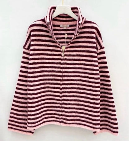 Rosa gestreifter Zip-Cardigan – Cozy Chic Strickjacke mit Reißverschluss