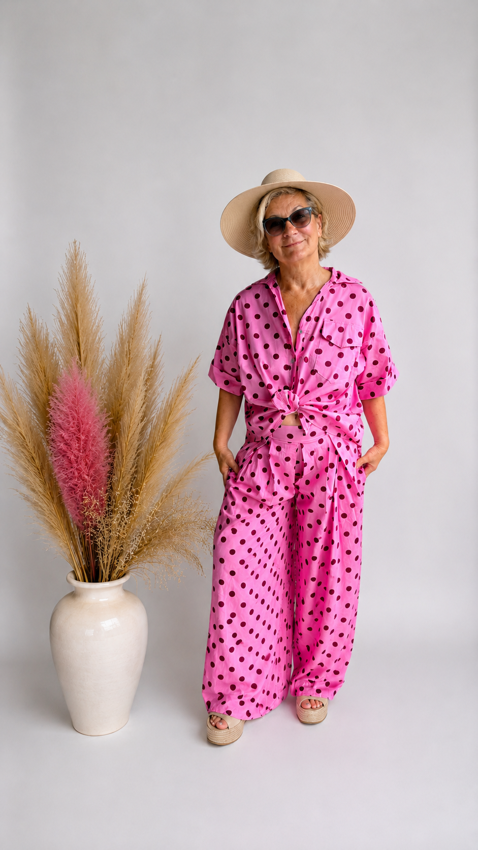 Zweiteiliges Damen-Set mit Polka Dots – Oversize Hemdbluse & weite Palazzo-Hose in Pink