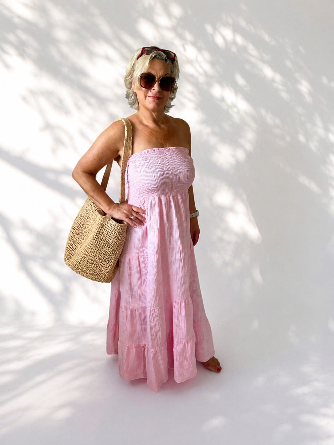Trägerloses Musselin-Maxikleid „Basic Summer“ – Gesmoktes Bandeaukleid