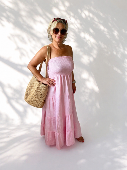 Trägerloses Musselin-Maxikleid „Basic Summer“ – Gesmoktes Bandeaukleid