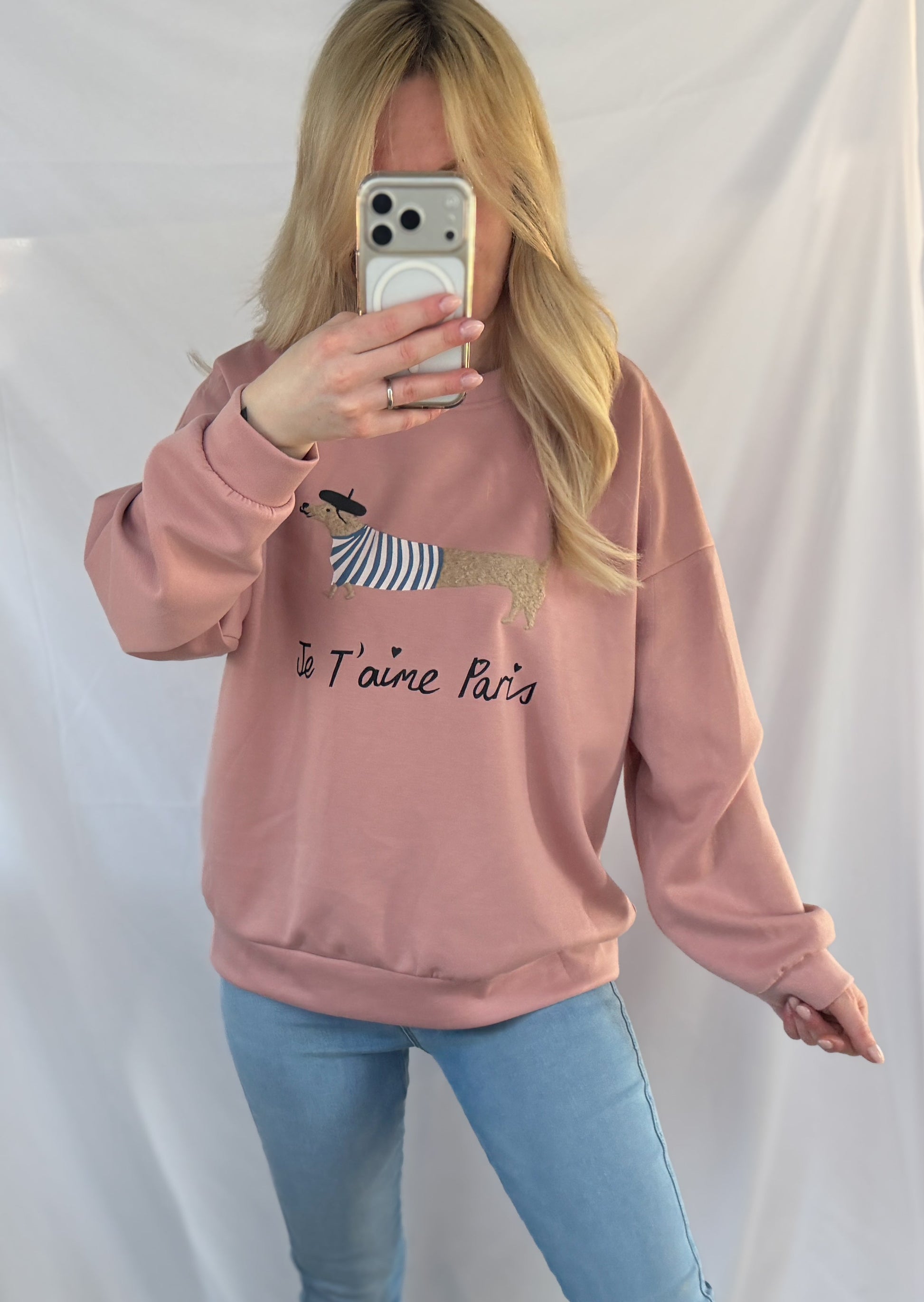Rosa Feinraummode Sweatshirt mit Dackelprint und "Je t'aime Paris" Schriftzug, weiche Baumwolle, lässiges Design