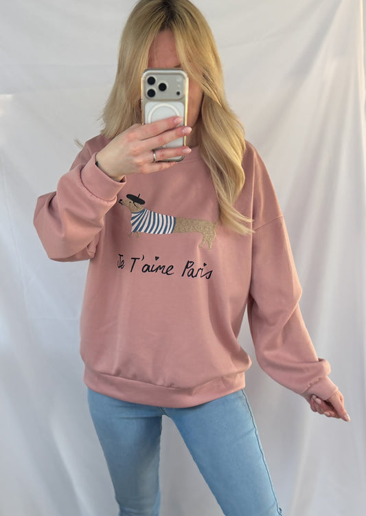 Rosa Feinraummode Sweatshirt mit Dackelprint und "Je t'aime Paris" Schriftzug, weiche Baumwolle, lässiges Design