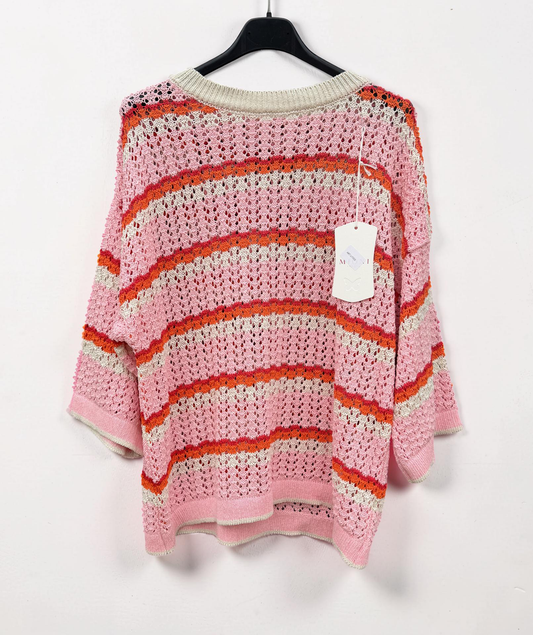 Leichter Strickpullover mit Streifen – Rosa/Bunt