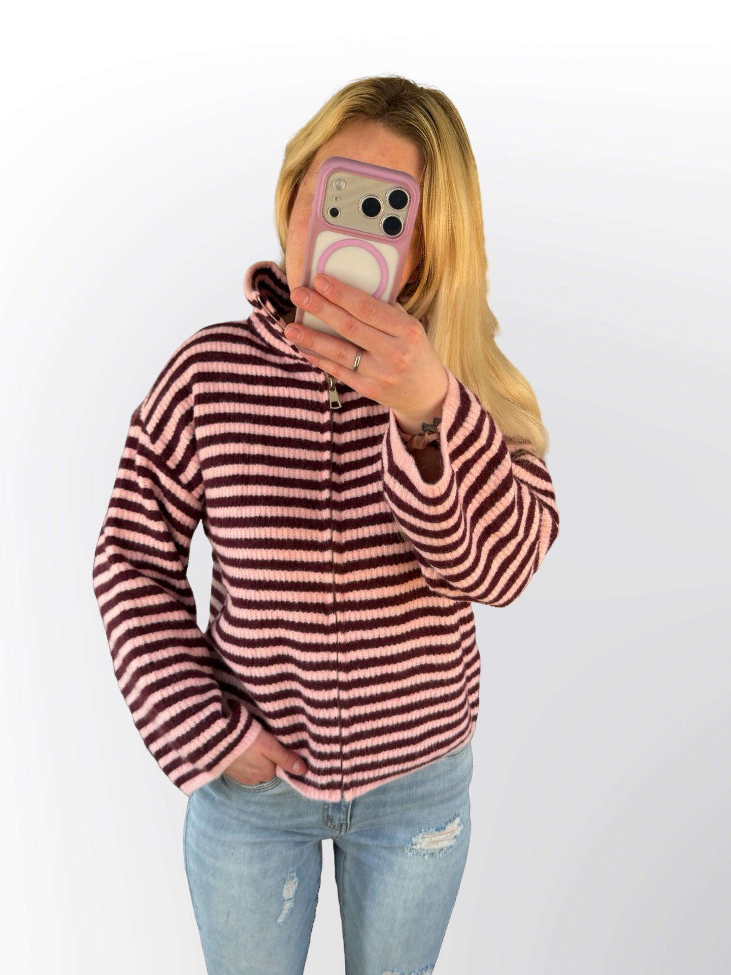 Rosa gestreifter Zip-Cardigan – Cozy Chic Strickjacke mit Reißverschluss