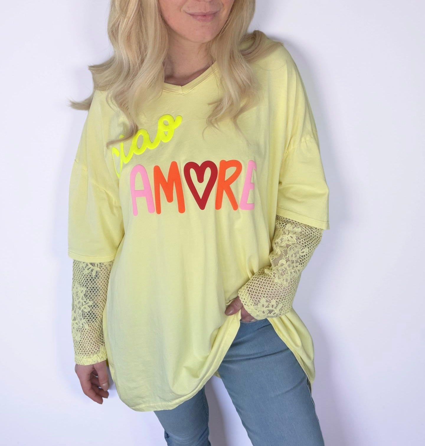 Shirt Ciao Amore mit floraler Spitze