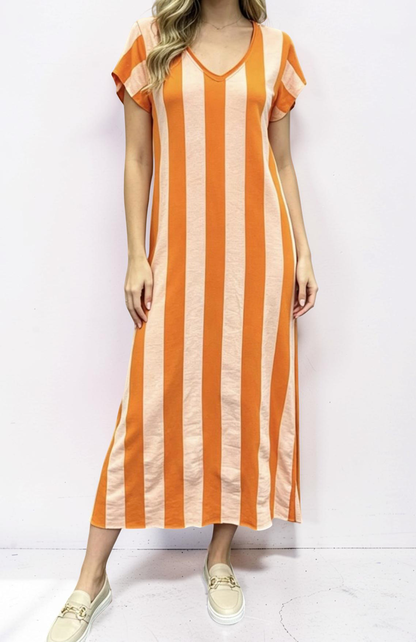 Luftiges Maxikleid mit Blockstreifen in Orange & Beige