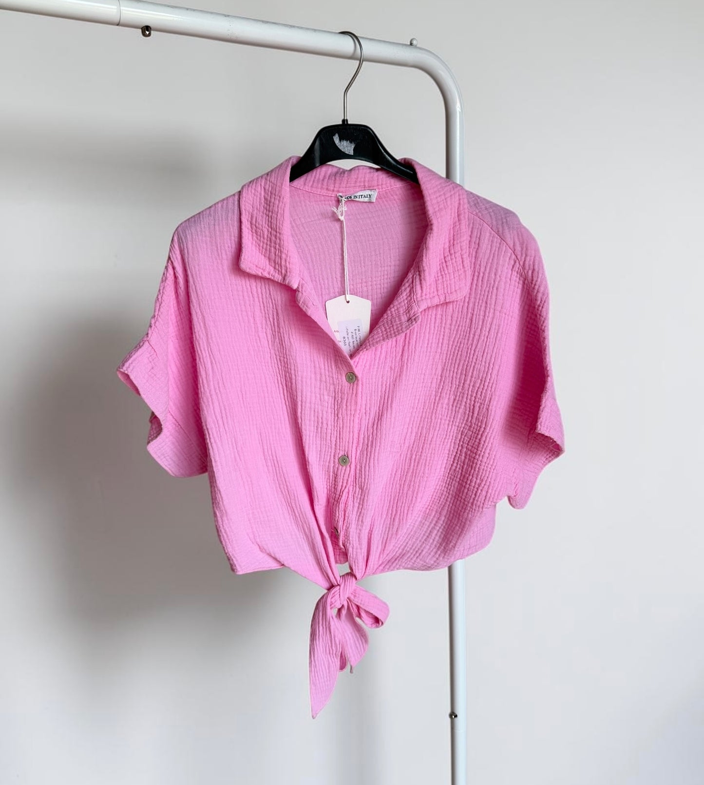 Kurzarm Musselin-Bluse „Cozy Knot“ aus 100% Baumwolle – Rosa