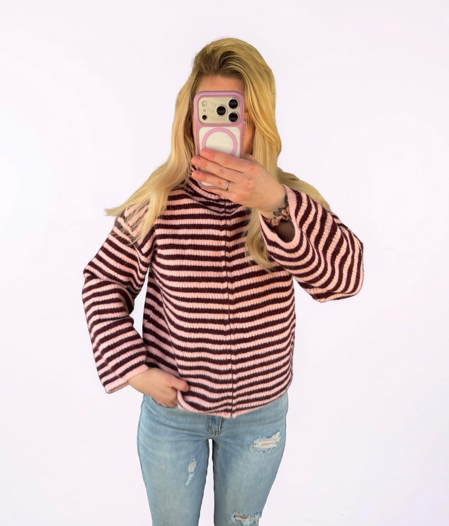 Rosa gestreifter Zip-Cardigan – Cozy Chic Strickjacke mit Reißverschluss