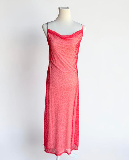 Elegantes Mesh-Maxikleid „Sunset Glow“ – Wasserfall-Ausschnitt & Leo-Print