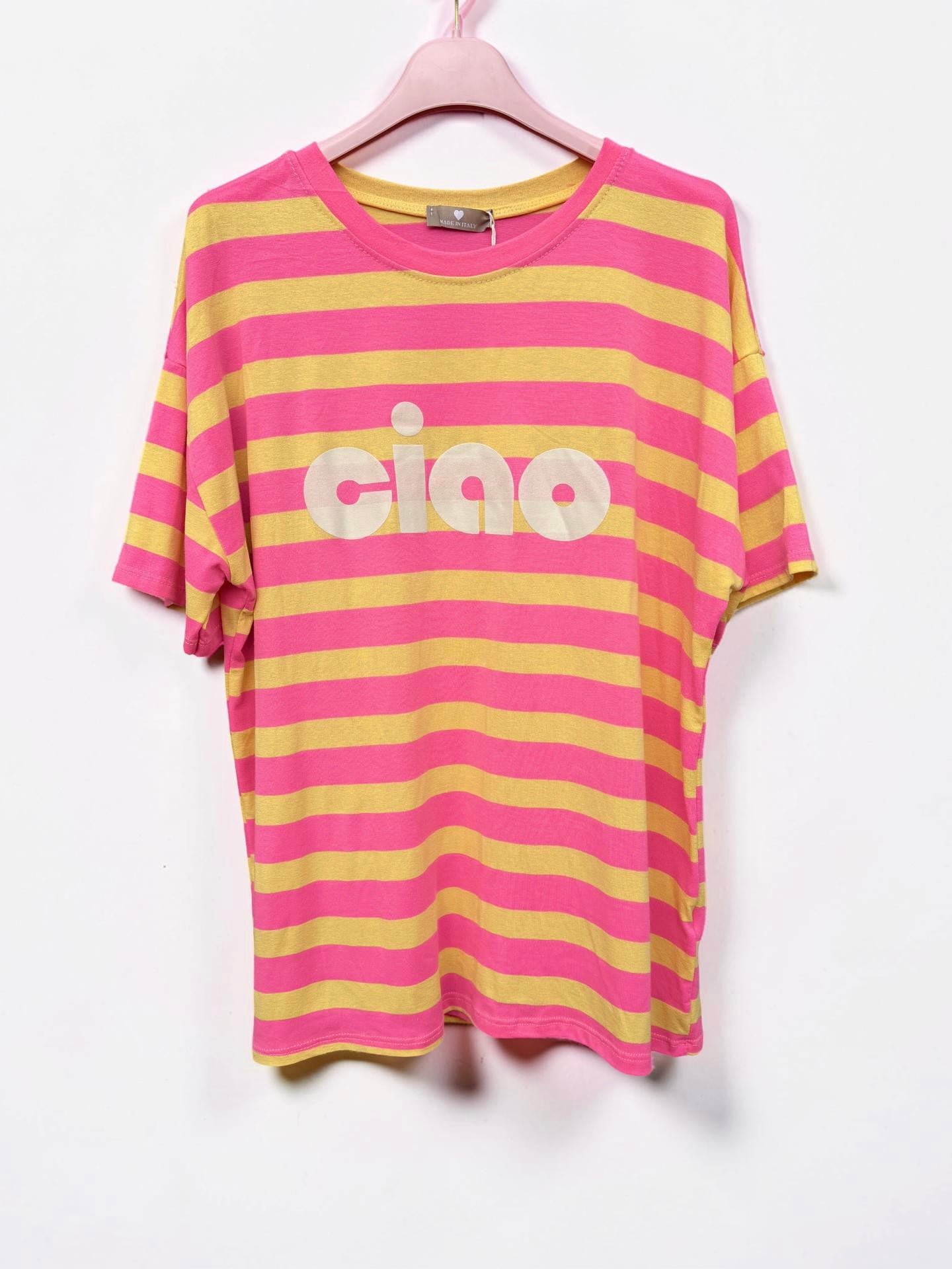 Gestreiftes „Ciao“ T-Shirt – Pink /Gelb