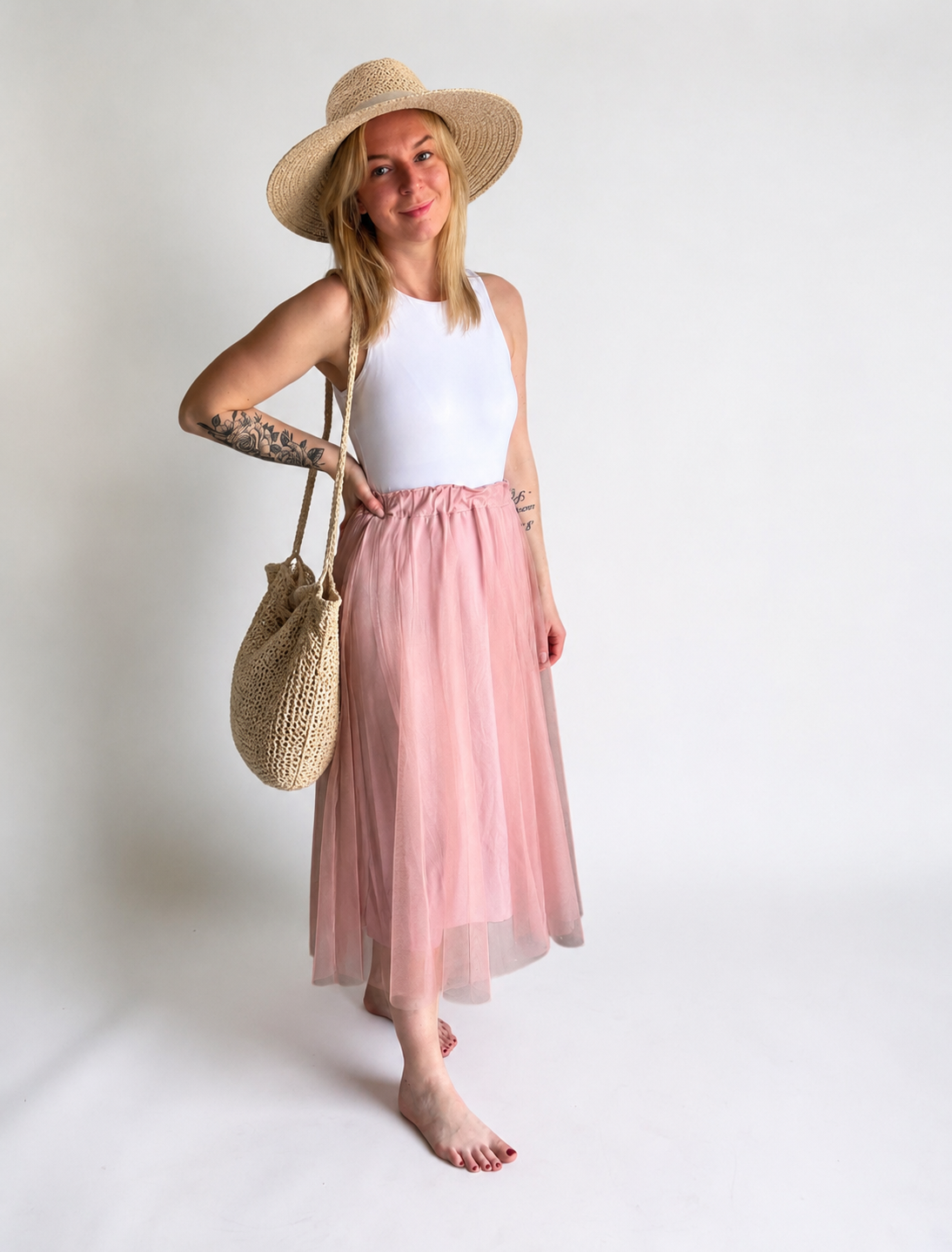 Tüllrock Midi-Länge / rosa & beige